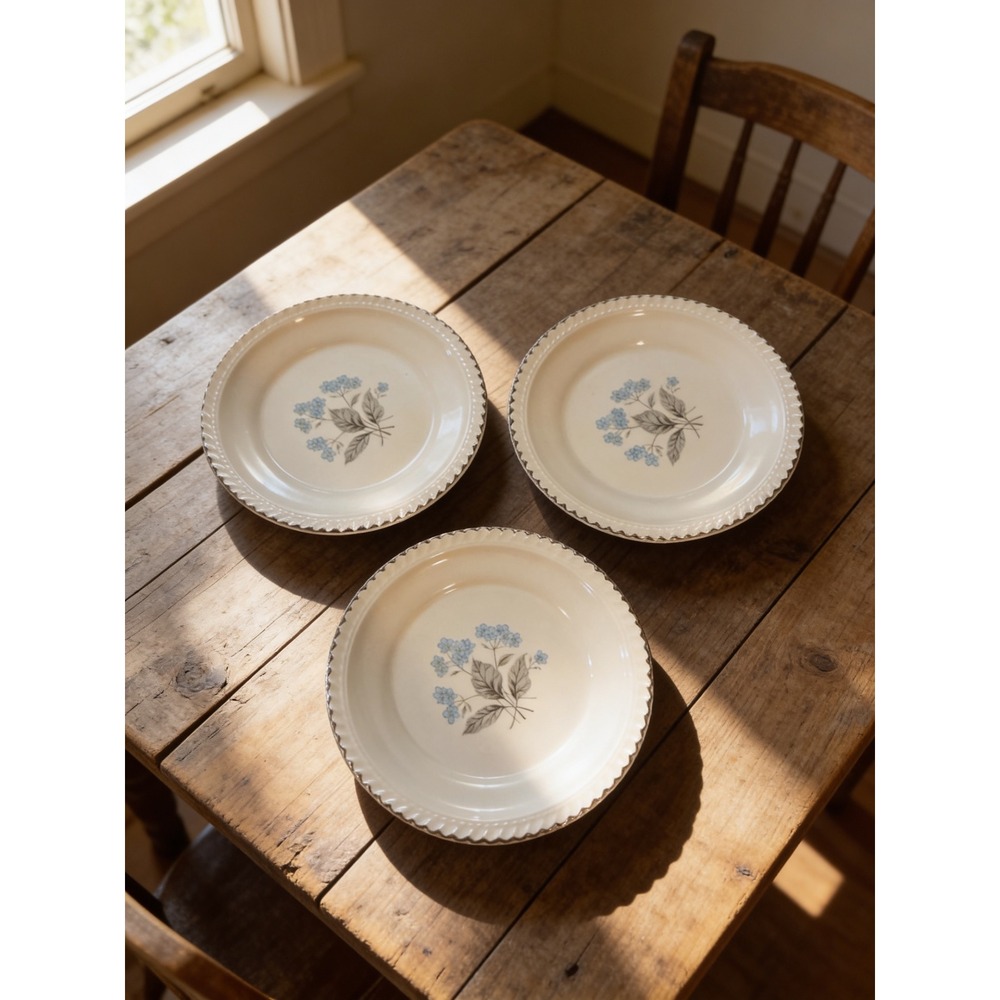 Harkerware Vintage Blue Floral Bread Plates Set of 3 Scalloped Gold Rim 6.25in